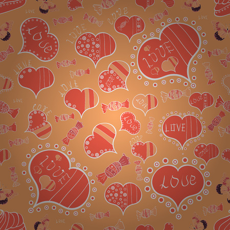 Typography lettering poster. Love design with cute elements. Seamless of yellow, orange and white grunge hearts. Valentine card love hearts. Vector heart. Sketch designed loves heart.のイラスト素材