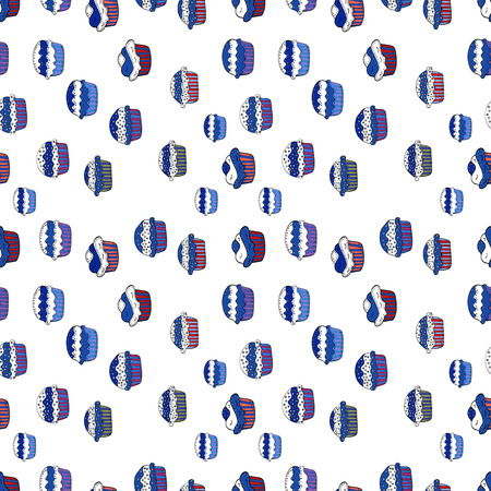 Vector illustration. Seamless of hand drawn vintage style cupcakes and muffins. Pastry. Cupcakes flavors doodle illustration on white, blue, black, gray and violet.のイラスト素材