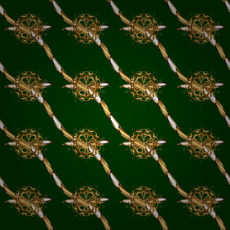 For your design, wallpaper. Golden color seamless illustration. Golden seamless pattern on blue, brown and yellow colors with golden floral elements. Vector geometric background.のイラスト素材