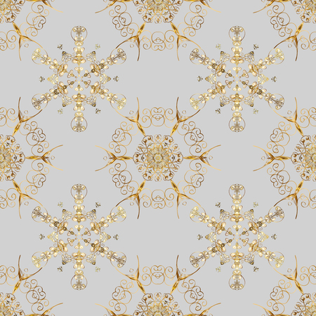 Seamless golden texture curls. Openwork delicate golden pattern. Seamless pattern on gray, colors with golden elements. Oriental style arabesques. Brilliant lace, stylized flowers, paisley. Vector.のイラスト素材