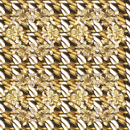 Seamless royal luxury golden baroque damask vintage. Vector seamless pattern with gold antique floral medieval decorative, leaves and golden pattern ornaments on brown, white and beige colors.のイラスト素材