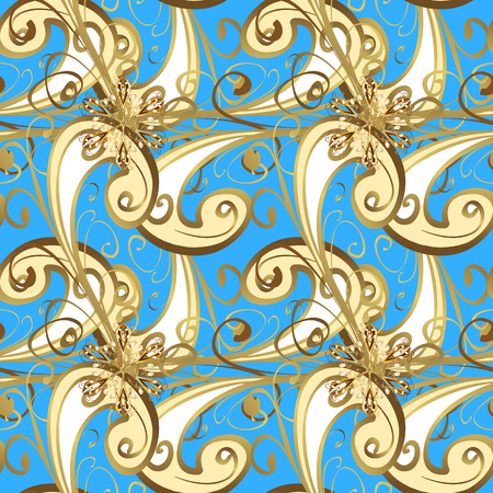 Damask seamless pattern for design. Vector seamless pattern on blue, beige and yellow colors with golden elements.のイラスト素材