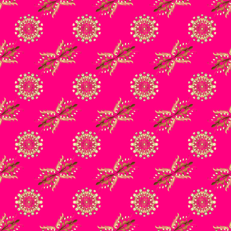 Seamless damask pattern background for wallpaper design in the style of Baroque. Golden pattern on magenta, brown and beige colors with golden elements. Ornate vector decoration.のイラスト素材