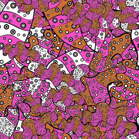 Seamless pattern Beautiful fabric background. Doodles on a black, pink and orange colors. Illustration. Vector texture.のイラスト素材