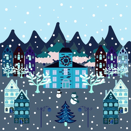 Holiday mood. Pictures on neutral, green and blue colors and Christmas tree. Vector. Little house on cute landscape.のイラスト素材