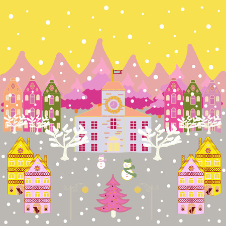 Vector cartoon drawing of Christmas suburban houses with making a snowman. Illustration on yellow, gray and pink colors. Vector illustration.のイラスト素材