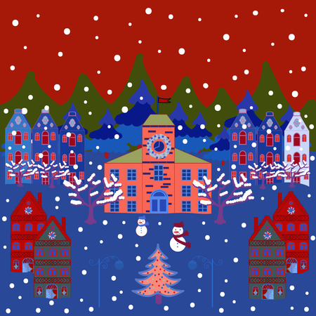 Vector pattern with houses. Picture on blue, red and green colors.のイラスト素材