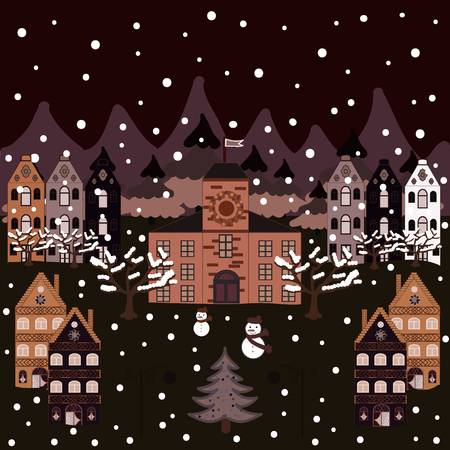 Cute buildings on black, gray and brown colors. Happy new year. Vector illustration. Merry christmas card with house.のイラスト素材