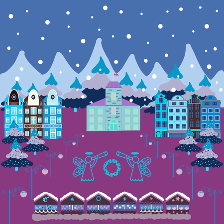 Illustration on blue, purple and neutral colors. Vector illustration. Colourful houses on fancy landscape.のイラスト素材
