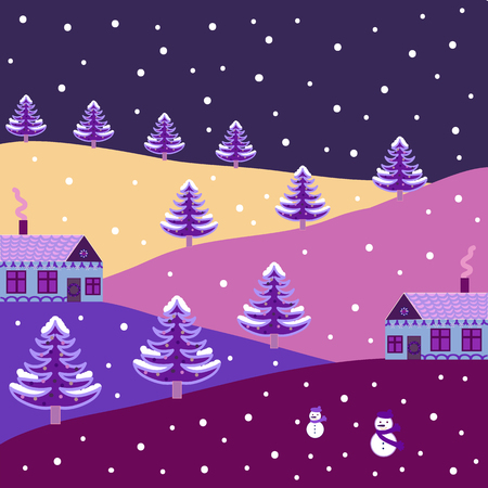 Landscape with winter houses, wood, trees, hills on violet, purple and pink colors. Creative christmas background. Vector illustration.のイラスト素材