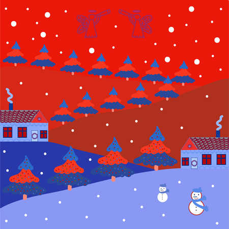 Vector pattern with houses. Picture on red, pink, white, blue and orange colors. Angels on the sky.のイラスト素材
