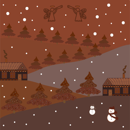 Cloudy winter landscape. Christmas illustration on gray, purple, white, neutral and brown colors. Vector. Lonely house on a hill. Mountain landscape. Winter.のイラスト素材