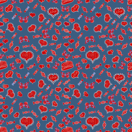 Cute blue, red and white colors elements. Vector illustration. Valentine':s day print. Seamless of retro comic with LOVE expression text. Vintage design, pop art style.のイラスト素材