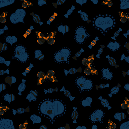 Seamless Love pattern with hand drawn doodle hearts. Valentines Day design. Elements on black, blue and gray colors.のイラスト素材