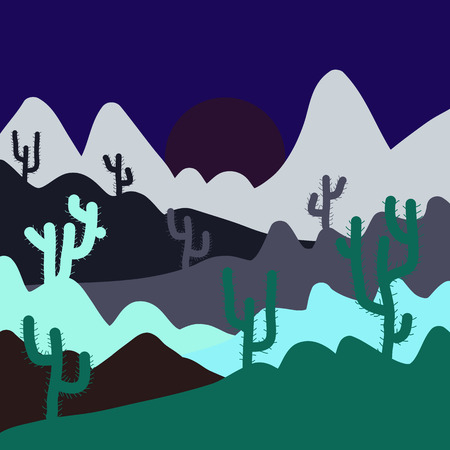 Desert Landscape with Cactus and Mountains. Vector illustration. Flat Design Style. Background on blue, gray and green colors. Scenic sandstones.のイラスト素材
