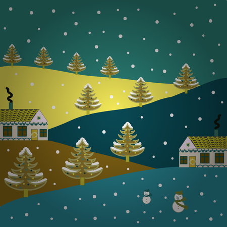 Vector pattern with various cartoon houses. Christmas illustration on blue, yellow and brown colors. Vector illustration.のイラスト素材