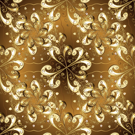 Golden floral ornament in baroque style. Golden element on brown and beige colors. Antique golden repeatable wallpaper. Damask seamless pattern repeating background.のイラスト素材