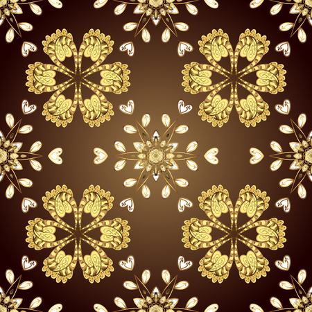 Ornate vector decoration. Seamless damask pattern background for wallpaper design in the style of Baroque. Golden pattern on brown and yellow colors with golden elements.のイラスト素材