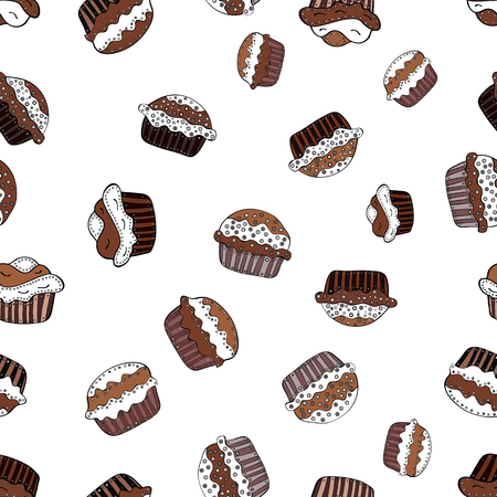 Seamless of cute vector cupcakes and muffins. Colorful cupcake isolated for food poster design on white, brown and black.のイラスト素材