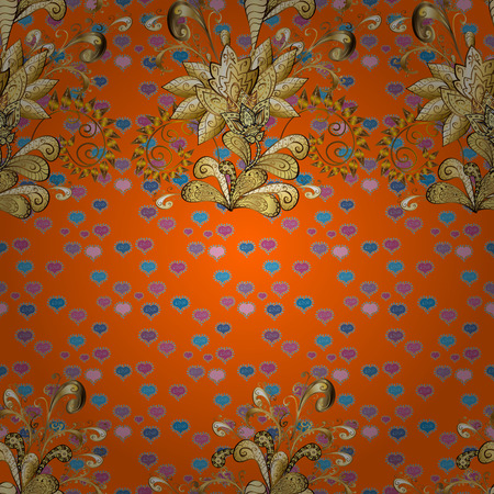 Damask background. Golden floral seamless pattern. Golden element on a orange, blue and brown colors. Gold floral ornament in baroque style.の写真素材