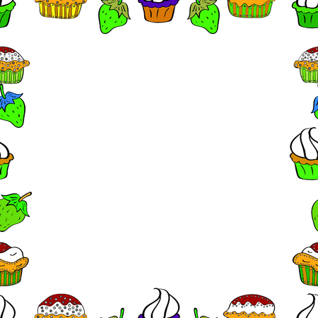 Frame doodle. Picture in white, green and black colors. Element template. Seamless. Vector illustration.のイラスト素材