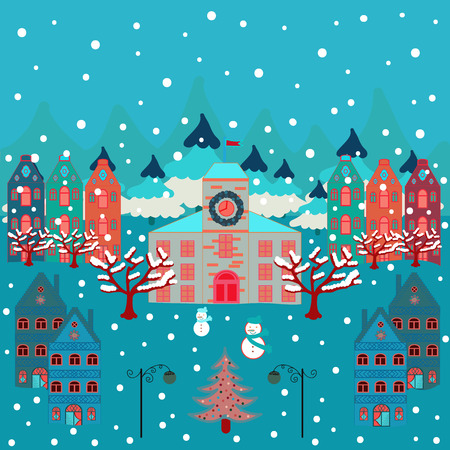 Vector. Scandinavian style nature illustration. Colorfil landscape for textile, wallpaper, fabric. Cute houses and trees on blue, red and white colors background.のイラスト素材