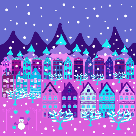 Amazing Decorated house decorated at christmas of christmas violet, blue and white colors in magical forest and hills. Unusual christmas illustration postcard. Vector.のイラスト素材