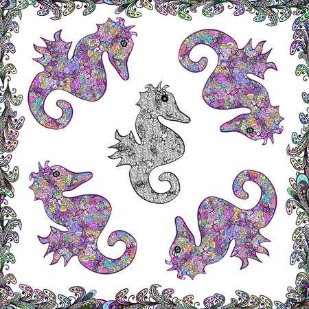 Vector illustration. Abstract seamless pattern for wallpaper, clothes, boys, girls. Pictures in white, neutral and purple colors. In vintage style. Sea Horse.のイラスト素材