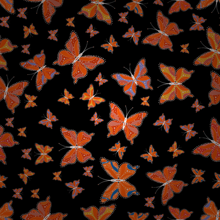 Seamless colorfil pattern. Repeated doodles. Mystical, symbols. Hand drawing on a black, orange and white background.のイラスト素材