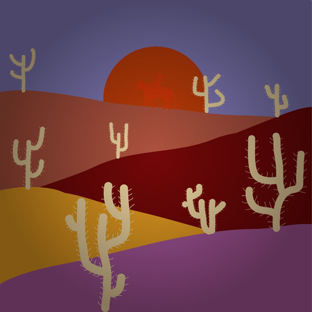 Hand drawn Vector illustration. Sketch of the desert of South America with cacti. Prairie landscape on violet, purple and red colors.のイラスト素材