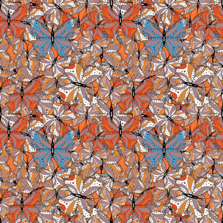 Sketch, doodle, scribble. Repeating insect fabric clipart for clothing fabric. Spring butterfly theme. Endless. Vector design. Lovely seamless butterfly cloth background on neutral, orange and white.のイラスト素材