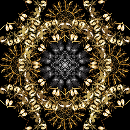 Seamless damask pattern background for wallpaper design in the style of Baroque. Golden pattern on black, brown and yellow colors with golden elements. Ornate vector decoration.のイラスト素材