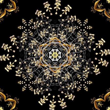 Seamless pattern on black, gray and brown colors with golden elements. Vector illustration. Seamless classic vector golden pattern. Traditional orient ornament. Classic vintage background.のイラスト素材