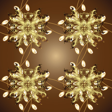 Golden floral ornamental pattern. Damask background. Golden element on a brown, yellow and neutral colors. Gold floral ornament in baroque style.のイラスト素材