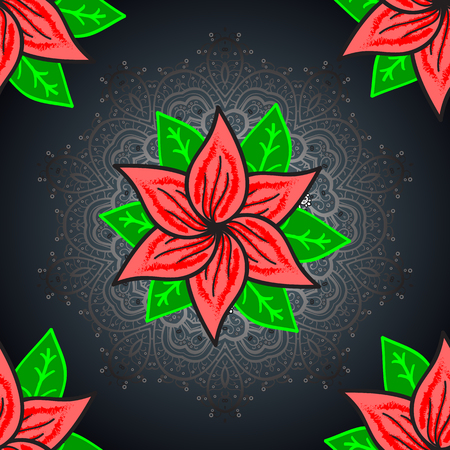 Vector illustration. In asian textile style on gray, blue and green colors. Floral seamless pattern with watercolor flowers.のイラスト素材