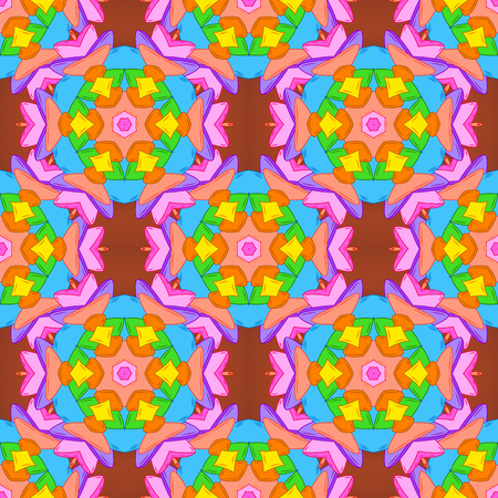 Abstract ethnic vector seamless pattern. Tribal art print, vintage background. Background texture, wallpaper, theme in orange, blue and pink colors.のイラスト素材