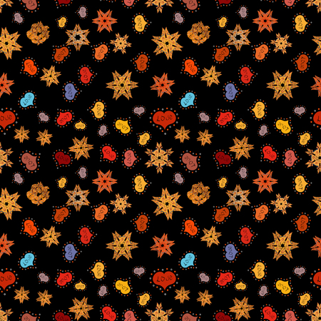 Vector illustration. Seamless background of big and small hearts with swirls in black, orange and yellow colors.のイラスト素材