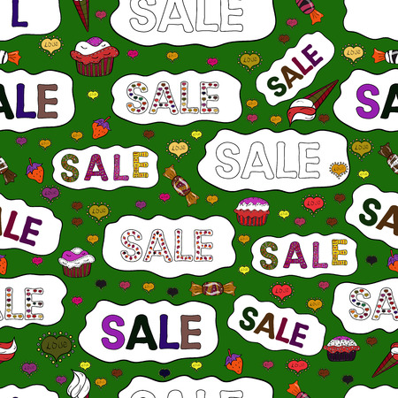 Seamless. Illustration in white, green and black colors. Stock clearance banner, Sale Label. Vector. Lettering.のイラスト素材