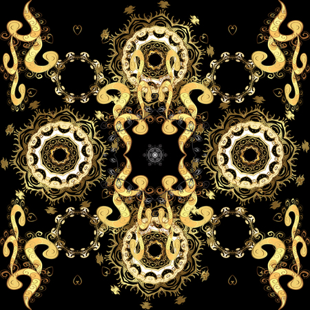 Floral ornament brocade textile pattern, glass, metal with floral pattern on black, yellow and brown colors with golden elements. Classic vector golden seamless pattern.のイラスト素材