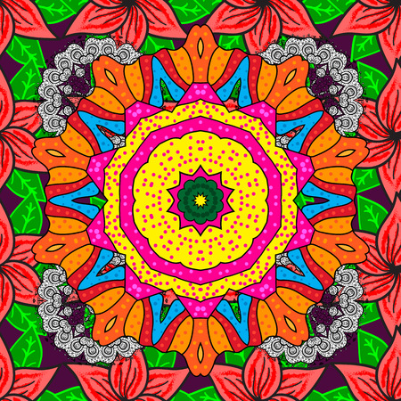 Gentle, tender floral background. Flowers on orange, pink and yellow colors. Vector floral pattern in doodle style with flowers.のイラスト素材