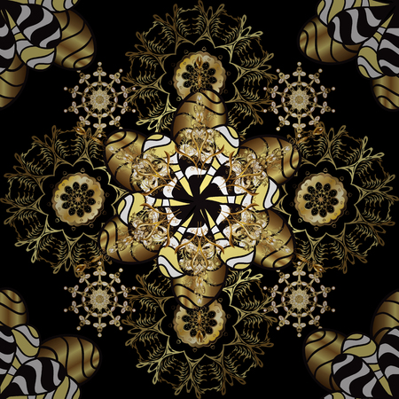 Golden pattern on black, brown and yellow colors with golden elements. Traditional classic golden pattern. Vector oriental ornament. Seamless oriental ornament in the style of baroque.の写真素材