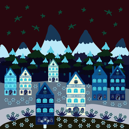 Vector. Childish pattern with house and trees. Scandinavian style on brown, blue and neutral colors. Nordic nature landscape concept. Perfect for kids fabric, textile, nursery wallpaper.のイラスト素材