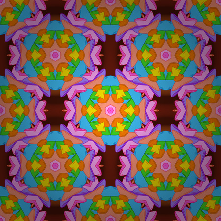 Seamless Beautiful fabric pattern. Doodles orange, blue and pink on colors. Vector.のイラスト素材