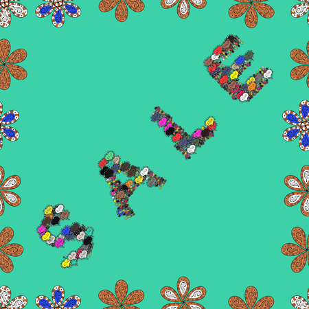 Vector illustration. Summer sale banner with background, exotic design for banner, flyer, invitation, poster, web site or greeting card. Picture in blue, orange and brown colors. Seamless pattern.のイラスト素材