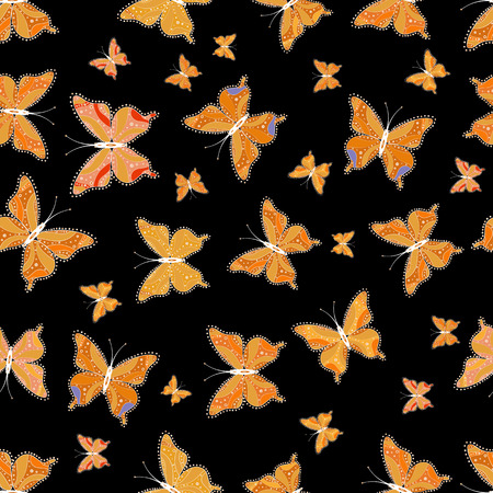 Seamless floral summer pattern background on orange, black and white colors. Perfect for sketchs, web page backgrounds, surface textures, textile. Pictures witg tropical butterflies. Vector.のイラスト素材