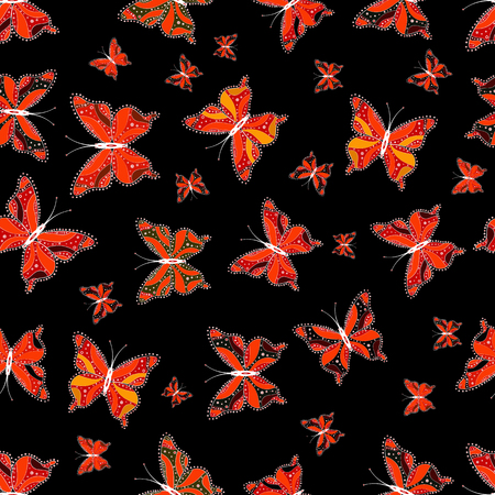 Watercolor abstract bright pattern butterfly wings, retro colors. Pictures in black, red and orange colors. Background for fabric, textile, print and invitation.のイラスト素材