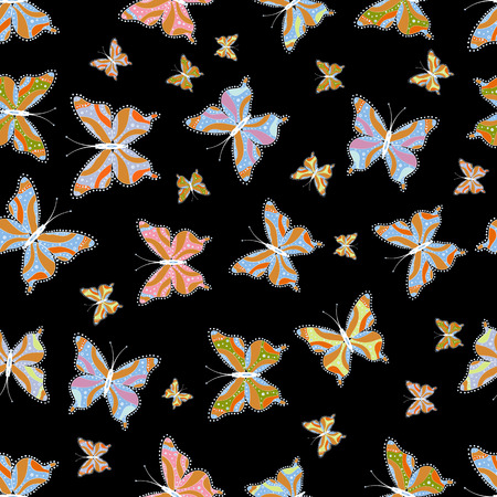 Illustration on black, orange and blue background. Vector. Seamless. Butterflies pattern. Pattern for fabric, textile, print and invitation.のイラスト素材