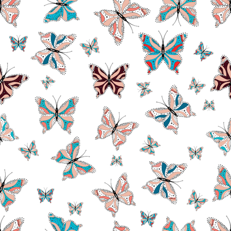 Vector illustration. Exotic animals. White, blue and neutral butterflies. Superb background for design of fabric, paper, wrappers and sketch. Seamless.のイラスト素材