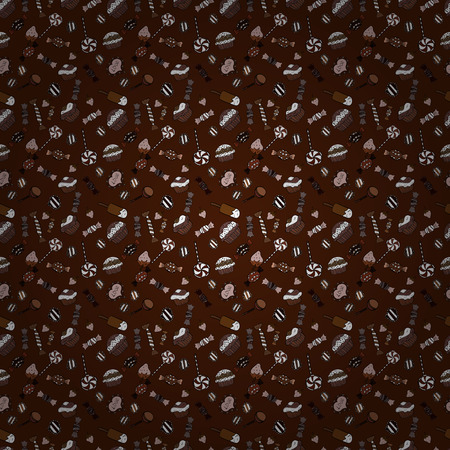 Muffin sweet texture background. Vector. Cupcake seamless pattern. Texture for prints, decorations, fabric. Colorful cream dessert backdrop on brown, black and white.のイラスト素材