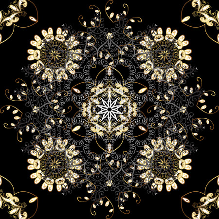 Black backdrop with gold trim. Seamless element woodcarving. Pattern on black colors with golden elements. Luxury furniture. Carving. Small depth of field. Furniture in classic style. Patina.のイラスト素材